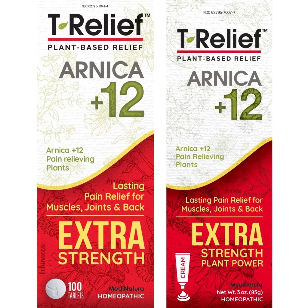 MediNatura T-Relief Extra Strength Pain Relief Arnica +12 Plant-Based Pain Relievers 100ct T-Relief Extra Strength Pain Relief 3oz Cream Bundle