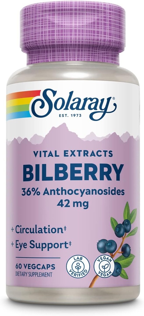 SOLARAY Mustikkamarjauute 42 mg, silmien terveyden ja verenkierron tuki, 36% Anthosyanosidit, vegaaninen, 60 VegCaps