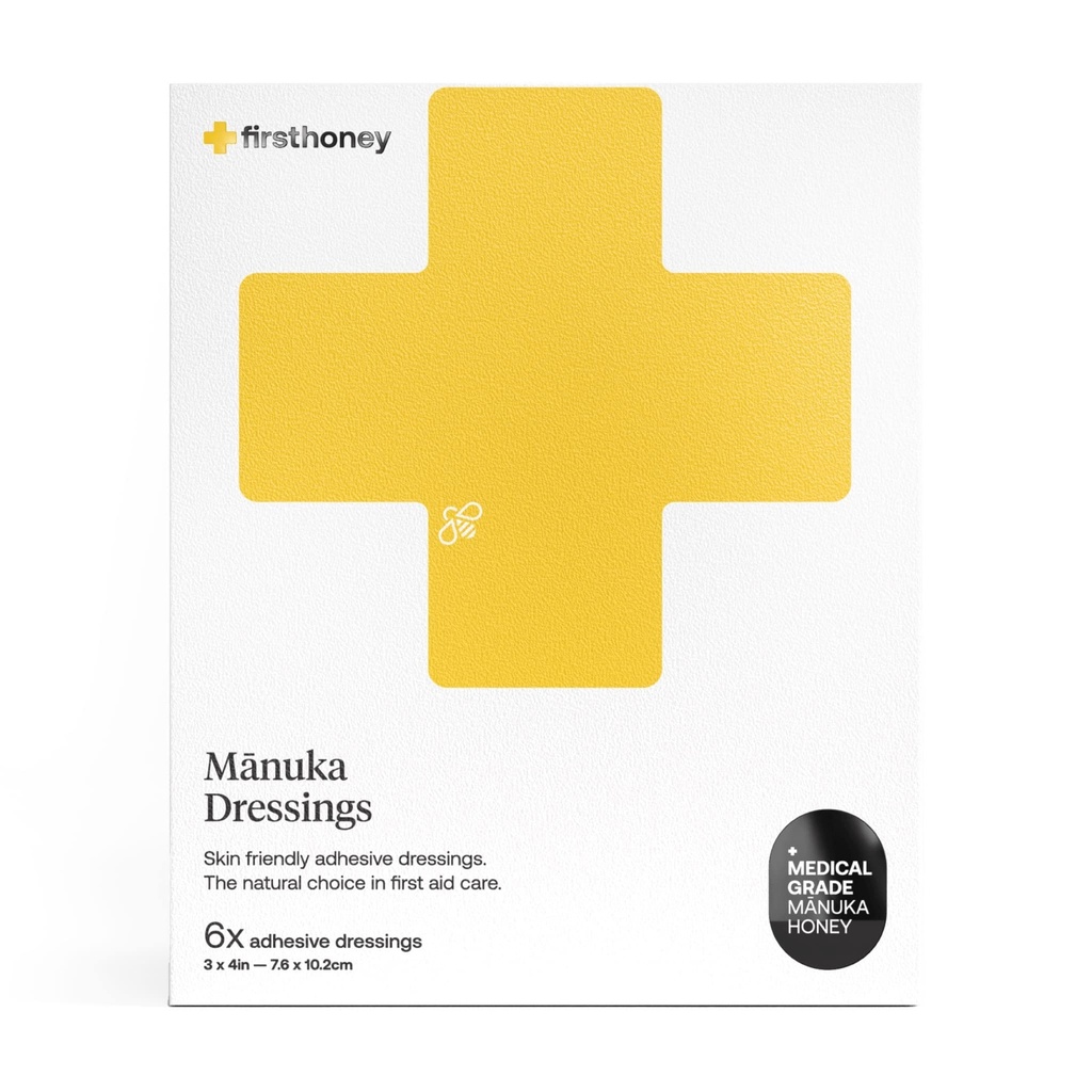 Första Honey Manuka Honey Adhesive Bandages 6 Pack | Latex Free, Antibiotic Free Wound Dressing | Medicinsk Grade Honey Adhesive Pads | First Aid Care Burns, Cuts, Scrapes, Wounds, Lacerations