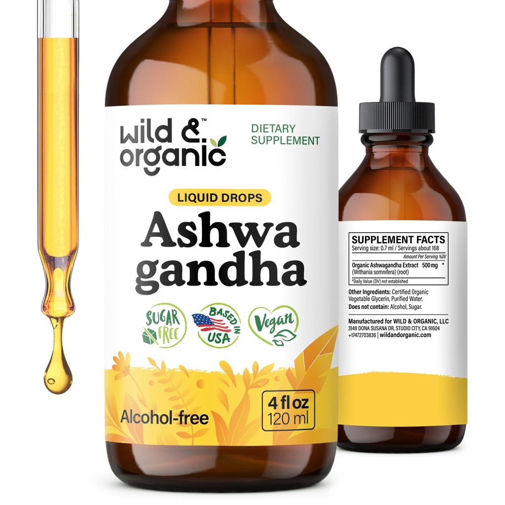 Wild & Organic Ashwagandha Drops - Mielialan tuki täydentää w/Ashwagandha juuriuute - Liquid Drops rauhoittaa - rentoutumista täydentää - sokeri & alkoholiton - 4 fl oz