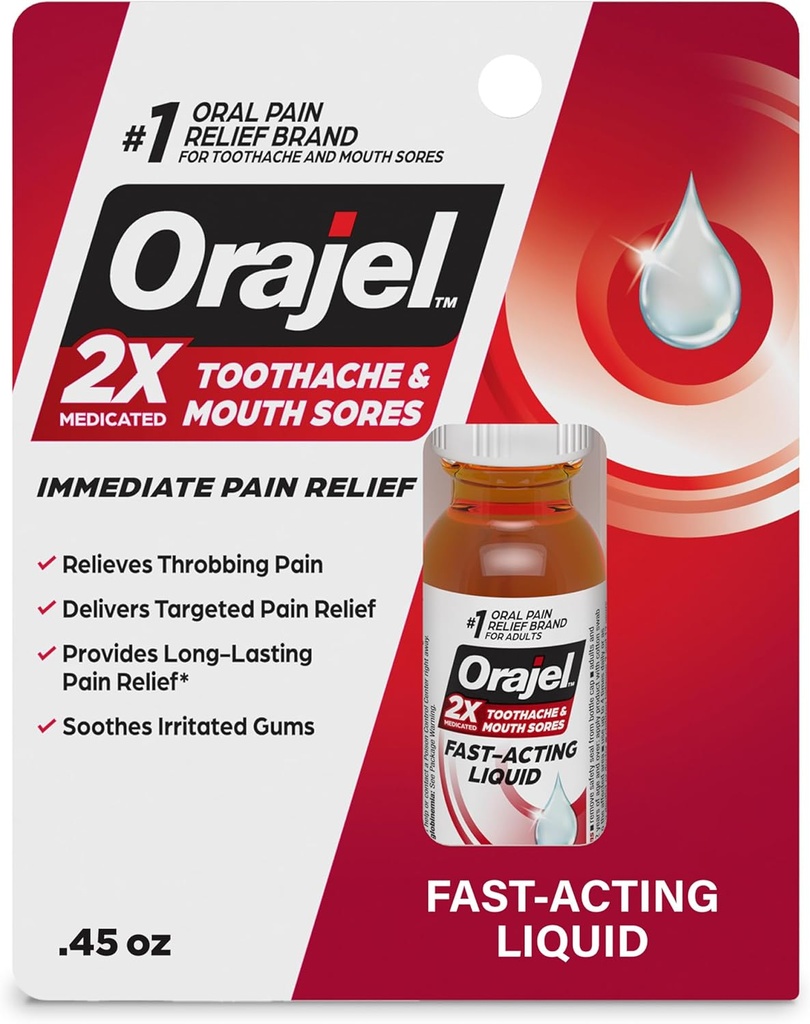 Orajel 2X lääkehammassärky ja suun haavaumat Liquid, 0,45 fl oz
