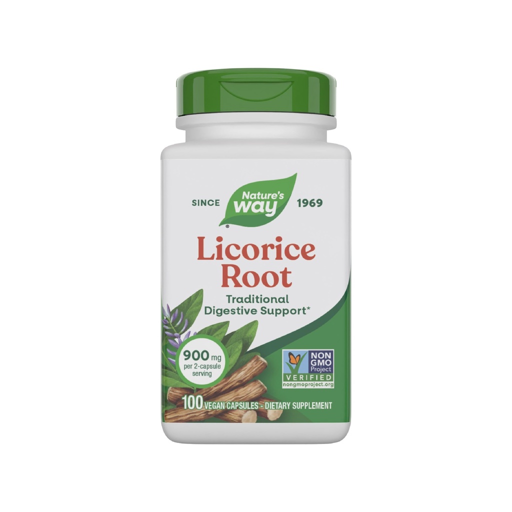 Nature's Way Laicorice Root, Perinteinen digestiivinen tuki täydentää*, 900 mg per 2-Capsule Serving, ei-GMO-projekti todennettu, 100 vegaaninen kapselit (Pakkaus toukokuussa Vary)