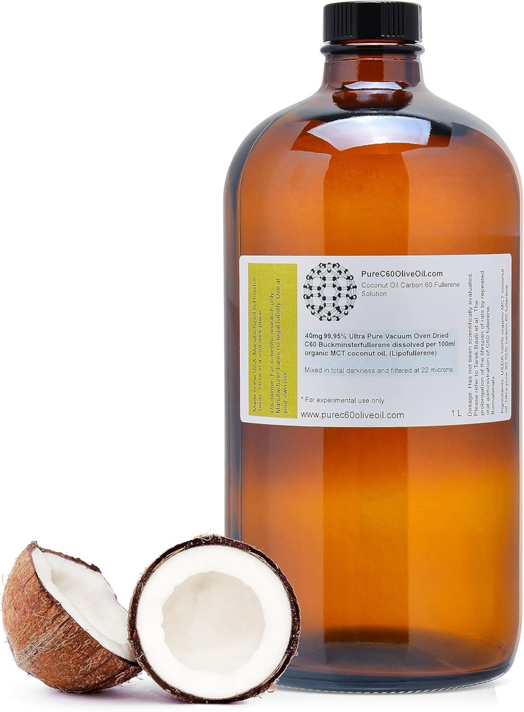 PureC60OliveOil C60 Organic MCT Coconut Oil 1L / 33.8 Fl Oz - 99.95% Carbon 60 Liuotin Ilmainen 400 mg - Amber lasipullo - Carbon 60 Coconut Oil - johtava maailmanlaajuinen tuottaja