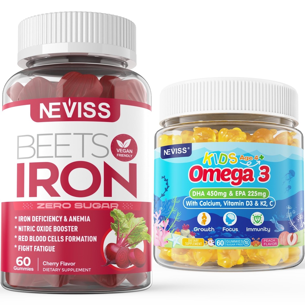 Iron Gummies 2 pakkaus + lapset Omega 3 Gummies 2 pakkaus