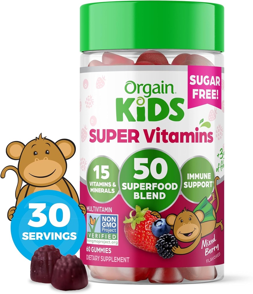 Orgain Kids Sugar Free Multivitamiini Gummies, Vegan & Plant Based, 50 Superfoods, 15 vitamiinit ja mineraalit, Immuuni tuki ja 3g kuitua, Mixed Berry, ikä 4+, 1 kuukausi tarjonta (60 Gummies)