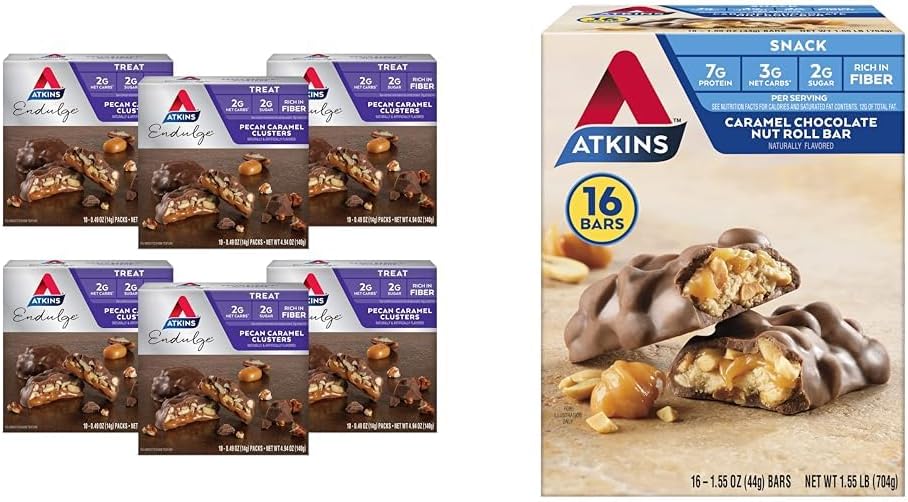Atkins Pecan Caramel Clusters 60 Count, Caramel Chocolate Nut Roll Välipala Bar 16 Count