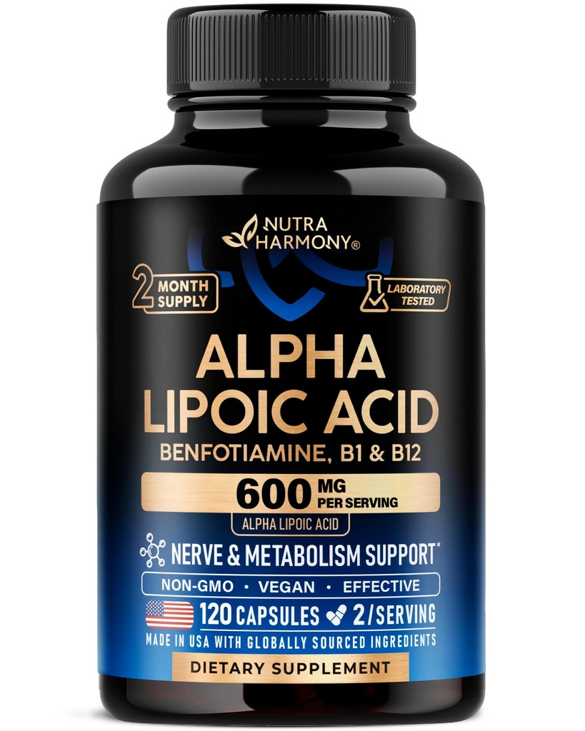 Alpha Lipoic Acid 600mg - ALA Supplement Antioxidant för Nerve, Energy & Metabolism Support - Extra styrka med Benfotiamine, B1 & B12 - Lab Testad, Non-GMO & Vegan - 120 kapslar, 2 månaders leverans
