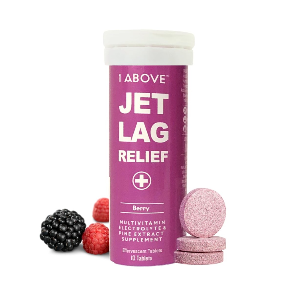 1Above Jet Lag Relief Tabletit - Berry-Flavored Effervescent Multivitamiini Pycnogenol Travel Supplement for Hydration, Energy, Immuunituki ja nopeampi Recovery - Flight Essential, 10 tablettia