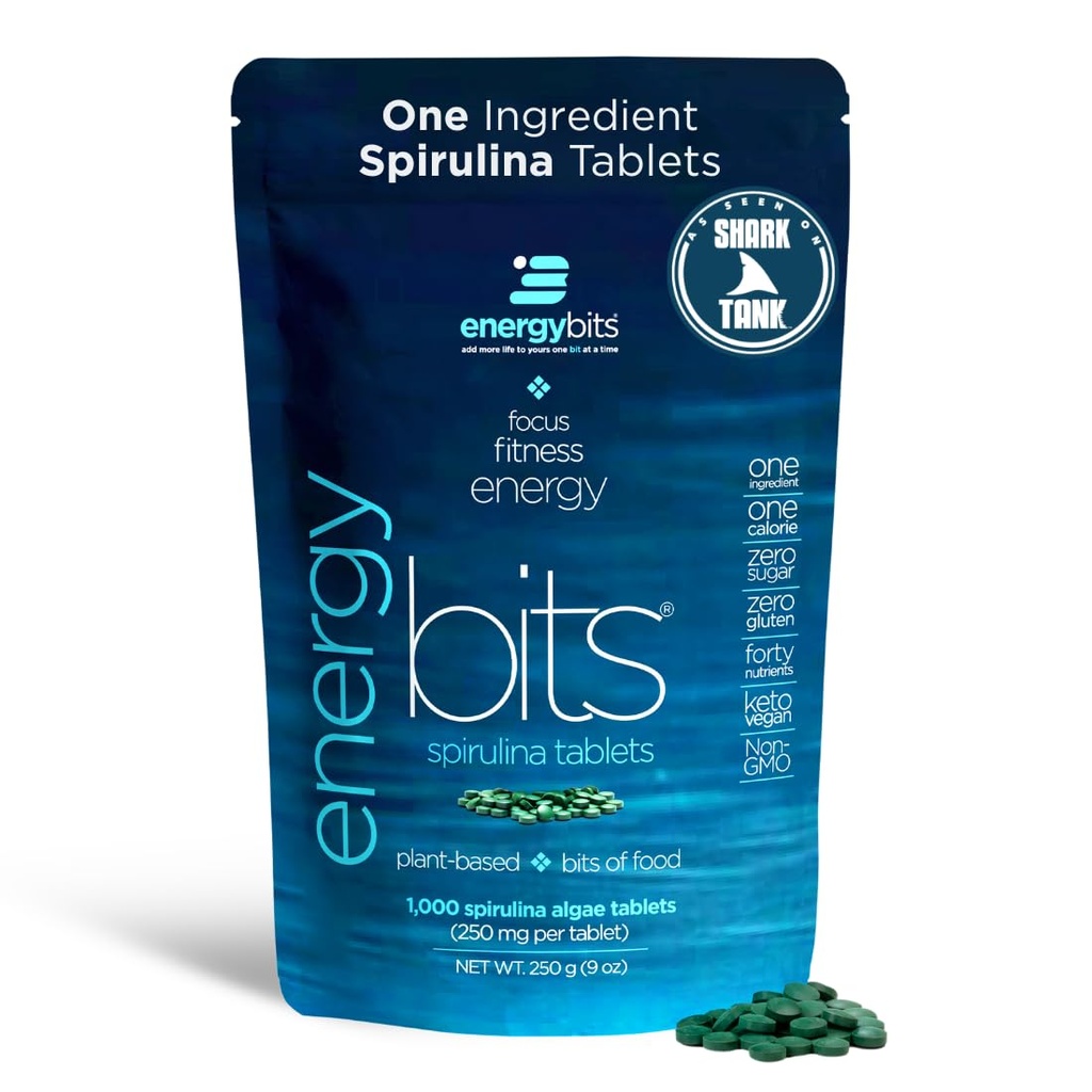 ENERGYBITS - Organic Spirulina Tabletit - Plant-Based Algae Superfood - for Focus, Fitness, Energy - Kasviproteiini - Gluteeniton - Kollageeni, B12-vitamiini, Omega 3 - Keto & Vegan - 1000 Algae Tabletit