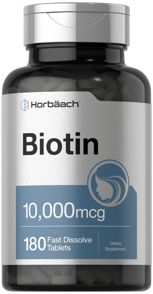 Horbäach Biotin 10000mcg | 180 Snabbupplösta tabletter | för kvinnor och män | Skönhetstillägg | Vegetarisk, icke-GMO, Glutenfri