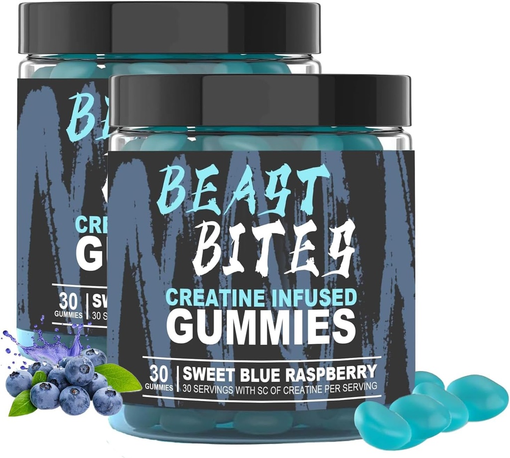 DYALE Beast Bites Creatine Bites - 5g Creatine Monohydraatti per tarjoilu - Ei sokeria tai keinotekoisia värejä - Low-Calorie, Vegan & Halal - Blue Raspberry Flavor - 30 Gummies (2kpl)