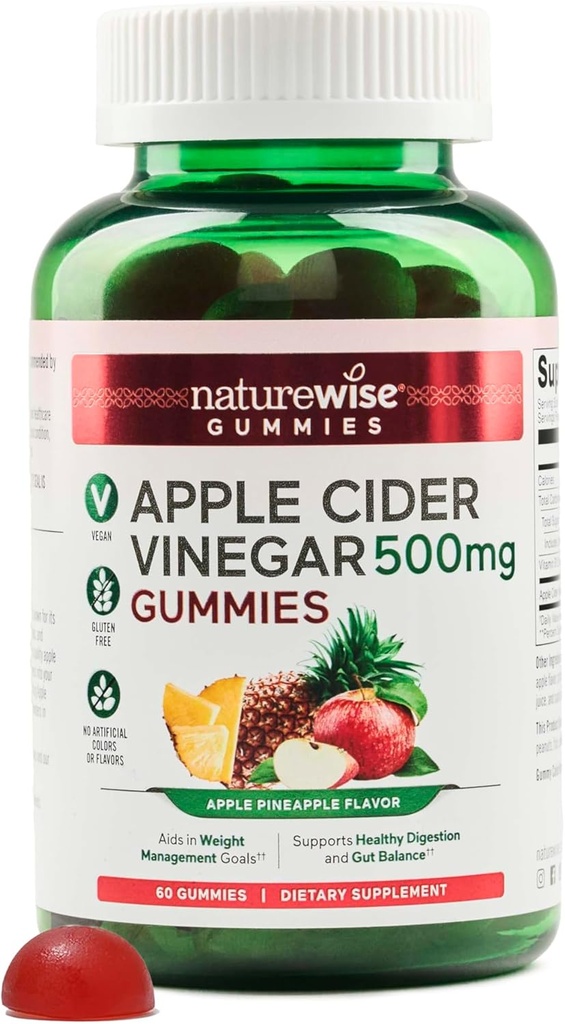 NatureWise Apple Siider Viinietikka Gummies - 1000 mg ACV per 2 + B12-vitamiini - Pektiinipohjainen vegaaninen, gluteeniton, ei-GMO - 60 Count[30-päivä Supply for 1000mg or 2-month Supply for 500mg]