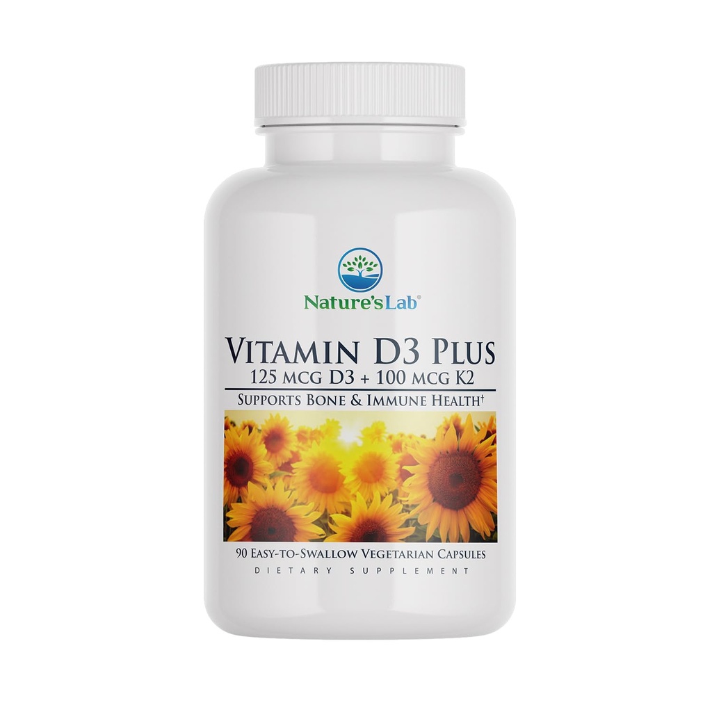 Naturens Lab Vitamin D3 Plus - Innehåller vitaminer D3 och K2 (MK7) för immunstöd, friska ben och kardiovaskulär hälsa * - Glutenfri, icke GMO - 90 kapslar (3 månaders leverans)