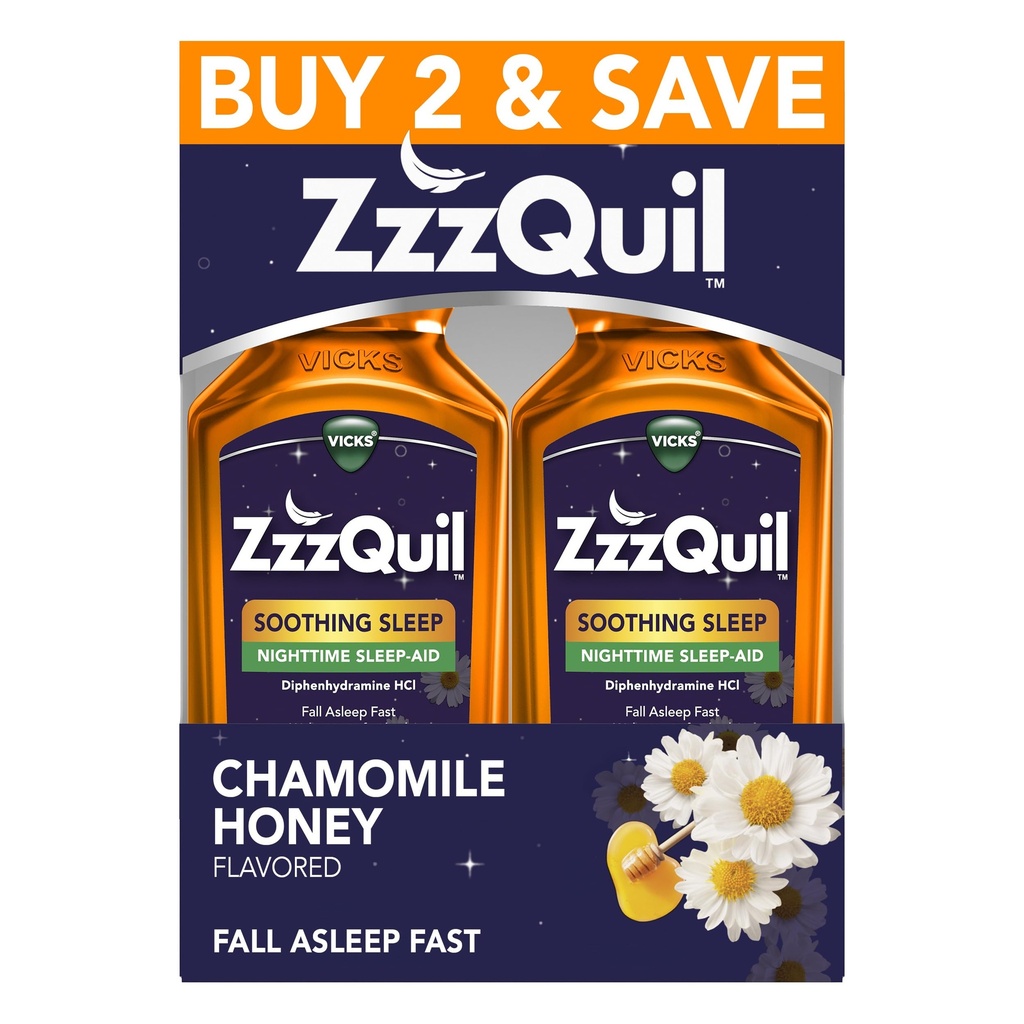 ZzzQuil Liquid uniapu, rauhoittava unilääke, difenhydramiini 50 mg HCl, kamomilla hunajamaku, yöunilääke neste, unilääkkeet aikuisille, 2 pakkaus, 24 FL OZ