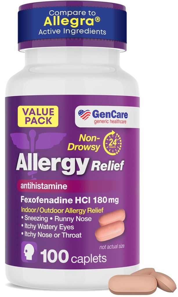 GenCare Allergy Relief Pills - Fexofenadiini 180mg 24 tuntia ei-huono allergialääke Antihistamiini, Vertaa Allegra 24 tuntia Non Drowsy Pills for Itchy Eyes, Runny Nenä, Hives (100 kreivi)