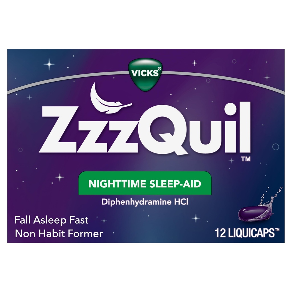 ZzzQuil, Nighttime Sleep Aid LiquiCaps, 25 mg Difenhydramiini HCl, nro.1 Unilääkemerkki, ei-luontotyyppimuoto, Putoaa Nuku nopeasti, 12