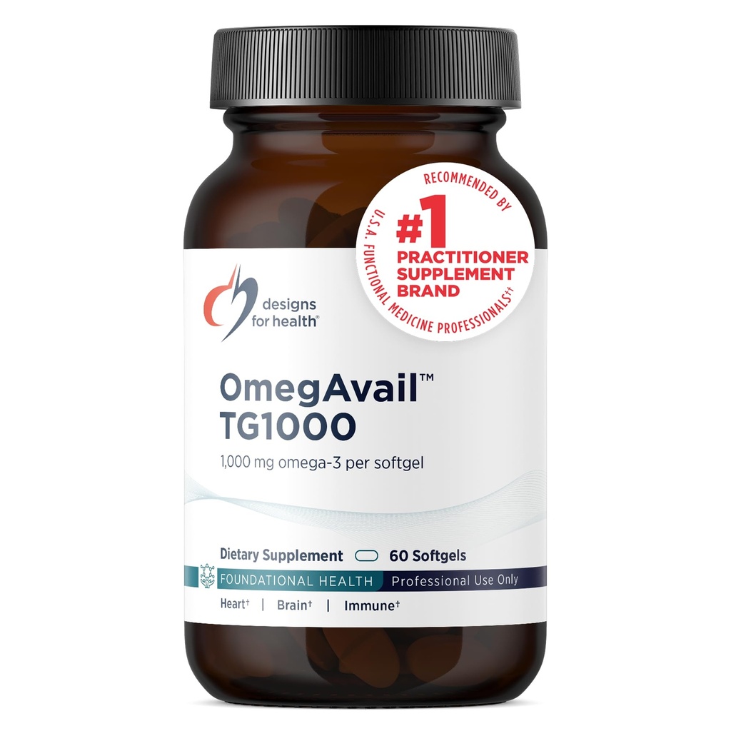 Designs for Health OmegAvail TG1000 - TG (Triglyseridi) Fish Oil Supplement with EPA/DHA - Erittäin väkevä 1000 mg Omega-3 Per Softgel - Natural Lemon Flavor + No Fishy Aftertaste (60 Softgels)