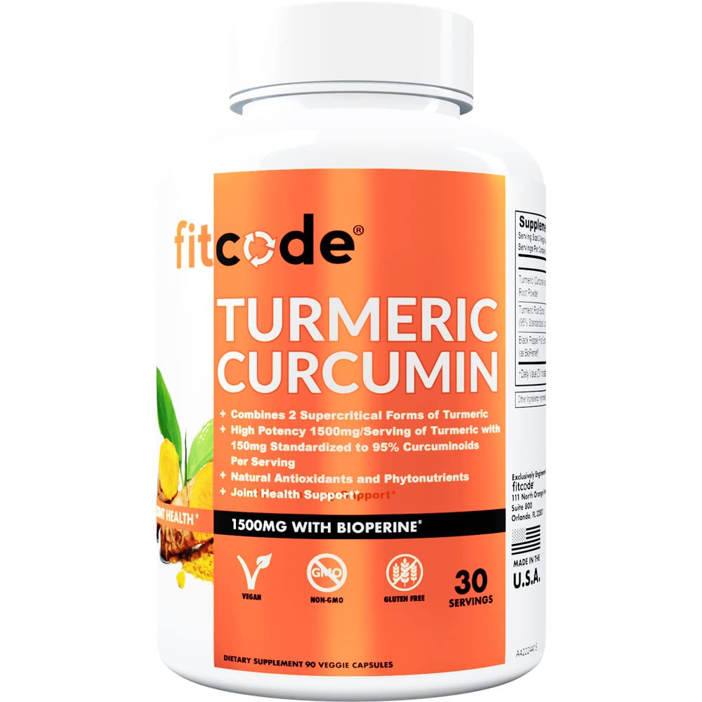 fitcode Turmeeric Curcumin with 95% Curcuminoids, Korkein Potency, Ei-GMO, Gluteeniton, 1500 mg Ultra-Pure Turmeeric Curcumin with BioPerine for Enhanced Absorption, 30 Tarjoilu kasviskapselit