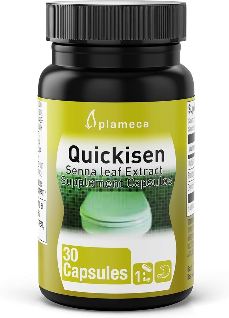 Plameca Quickisen Laxative Capsules, Relief from satunnainen Ummetus, Natural Senna Extract, tukee suoliston terveys, ravintolisä Gluteeniton ja maitotuotteeton, 30 kapselia