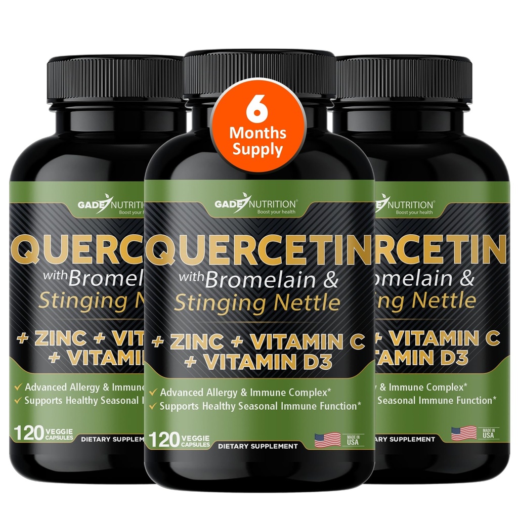 Gade Nutrition Quercetin med vitamin C, Zink & Stinging Nettle - Nettle Quercetin - Quercetin 500mg - Quercetin med Bromelain - Zink Quercetin + Vitamin D3-360 Veggie Caps - 6 månaders leverans