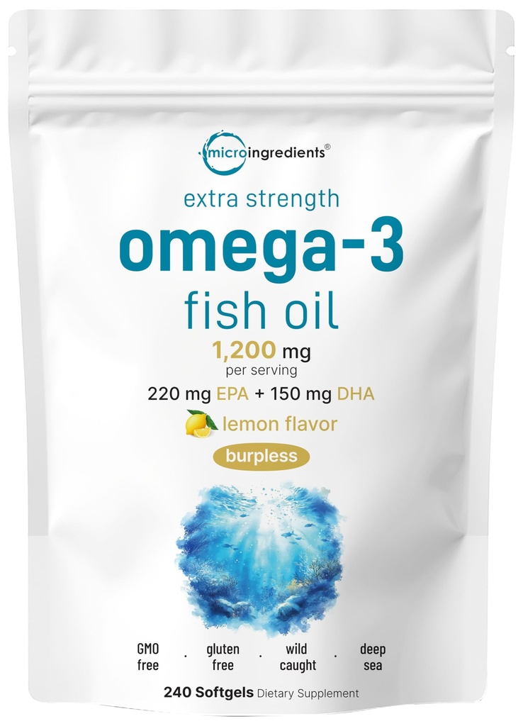 Micro Ingredients Extra Strength Omega 3 Fish Oil Supplements 1,200mg per Serving, 240 Softgels 