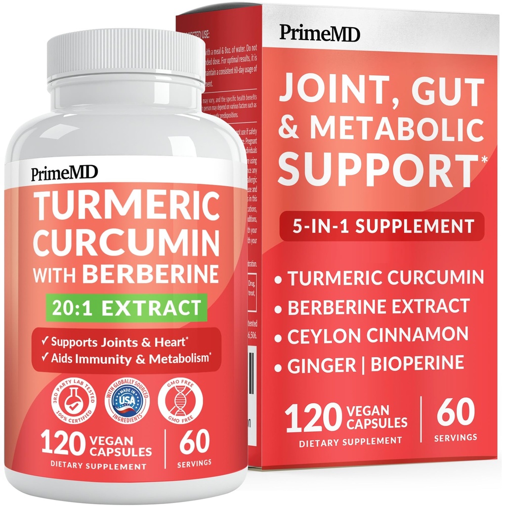5-in-1 Organic Turmeric Curcumin Supplement (4210 mg) kanssa Berberiini, Ceylon Cinnamon Bioperine ja inkivääri lisäravinteet Joint, Heart, Gut, & Metabolic Support (120 ct)