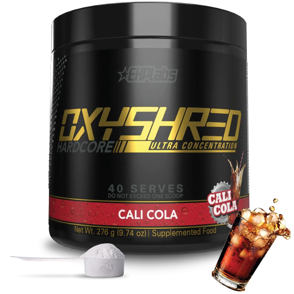 EHP Labs OxyShred Hardcore Super Dosed Pre Treenout Powder - Preworkout Powder with L Glutamiini & Acetyl L Carnitine, Energy Boost Drink - 275 mg kofeiinia - Cali Cola, 40 tarjoilua