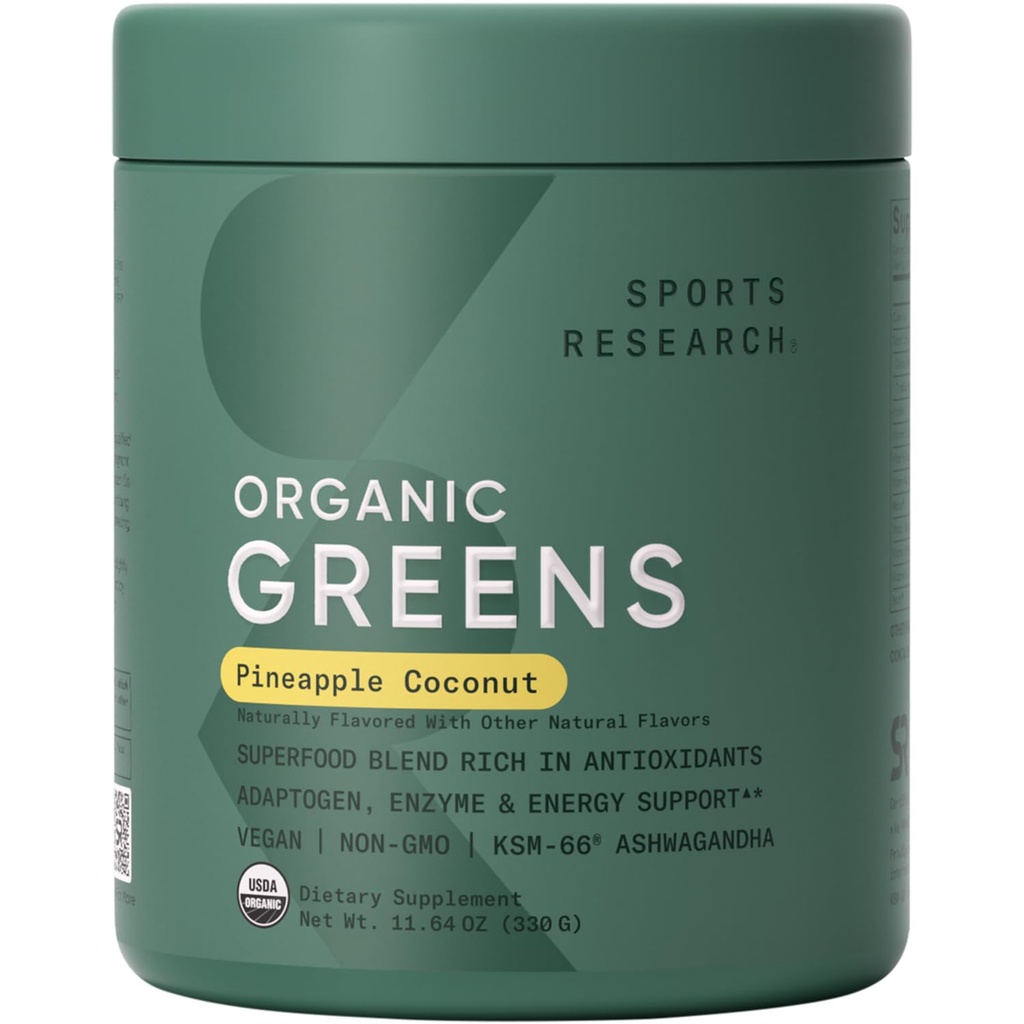 Sports Research® Organic Greens Superfood Powder w/Spirulina, klorella, Adaptogens, Entsyymit, Probiootit & 8 VIT Bs Gut & Mood Support* - Vegaani, sokerivapaa ja matala-Cal ananas Coconut 30 tarjoilut