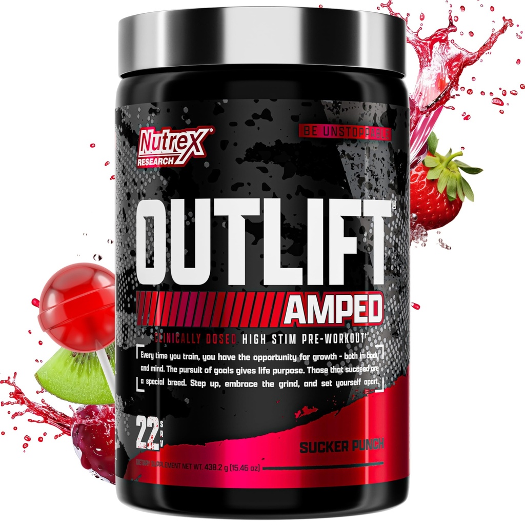 OUTLIFT Amped Max annosteltu High STIM Pre Treenout Powder, 6G Citrouline, 3.2G Beta Alanine, Alpha GPC, CognatiQ, Extreme Energy, Massive Pumps, Strength, Electrolytes, Noootropics, Hedelmäpunch, 22 Tarjoilut