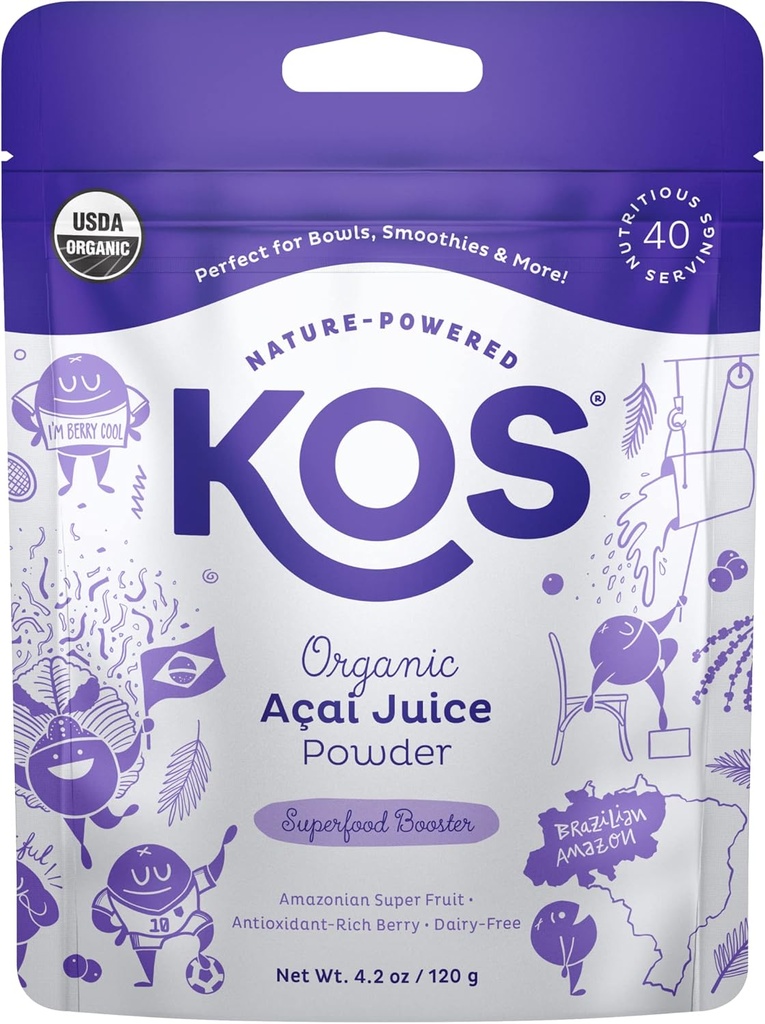KOS USDA Organic Acai Powder, Osötad Superfood - Naturlig Antioxidant, Acai Berry för Smoothies och Bowls - Polyphenol Abundant, Gluten-Free, Non-GMO, Klimatvänlig återförsäljbar väska, 40 portioner
