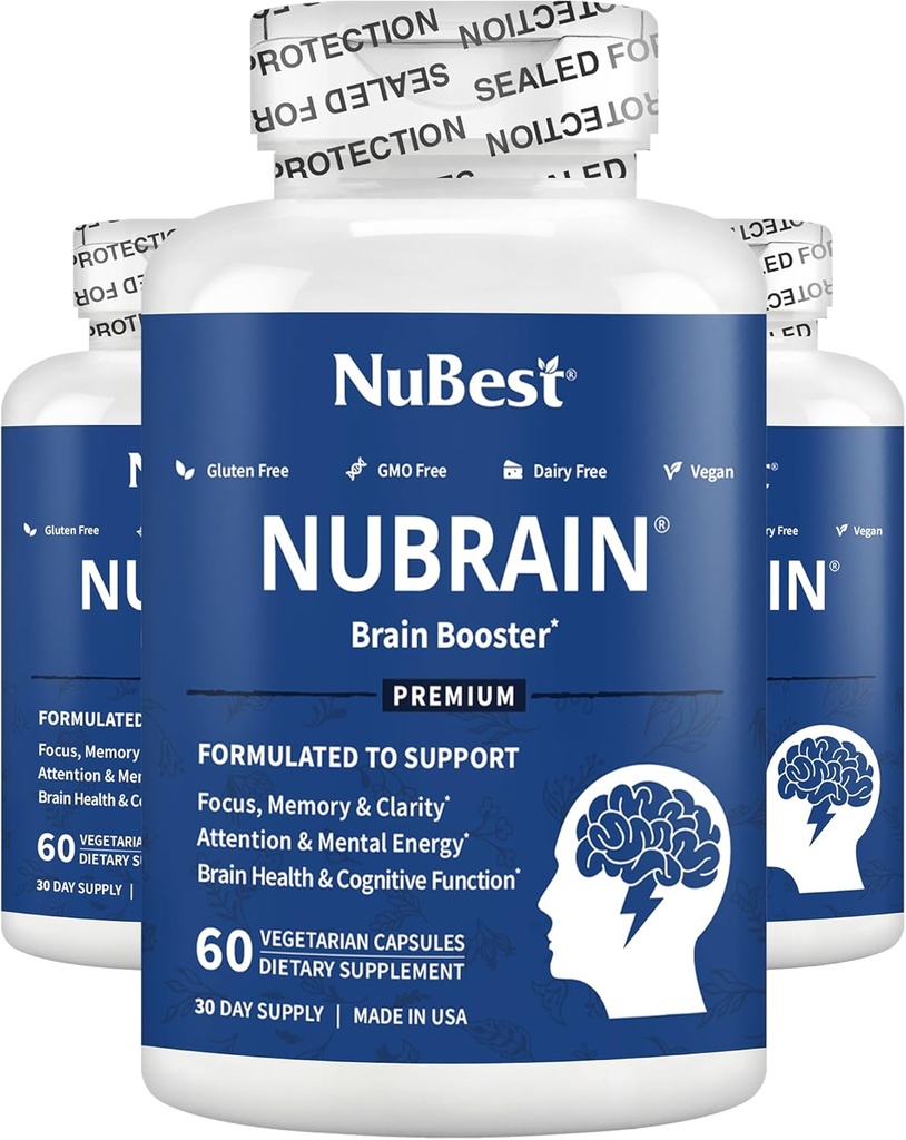 NuBrain - Advanced Brain Booster - Paranna muistia, keskittyä ja selkeyttä B6-vitamiini, Ginkgo Biloba, Bacopa Monnieri & More - aivojen täydentää miehille ja naisille - 3 pakkaus 3 kuukautta
