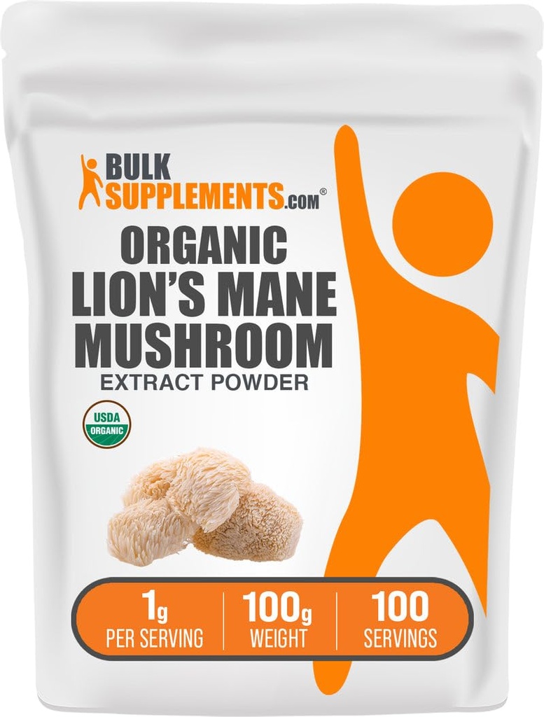 BulkSupplements.com Organic Lion's Mane Mushroom Extract Powder - Lions Mane Supplement Powder, Superfood for Well-Being - Vegan, 1g per Serving, 100g (3.5 oz) (Pakkaus 1)