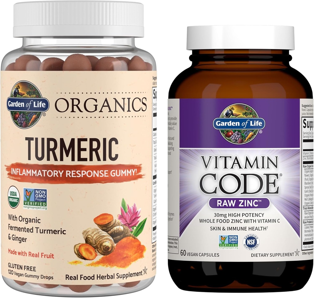 Puutarha Life Organics Turmeric Inflammatory Response Gummy, 120ct & Vitamiini koodi Korkea Teho Raaka Sinkki, 60ct