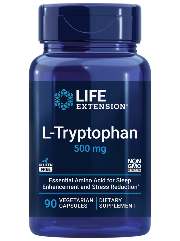 Life Extension L-Tryptophan, 500 mg, uppmuntrar hälsosamma serotoninnivåer och främjar hälsosam sömn, humör, stress och mättnad, glutenfri, icke-GMO, vegetarisk, 90 kapslar