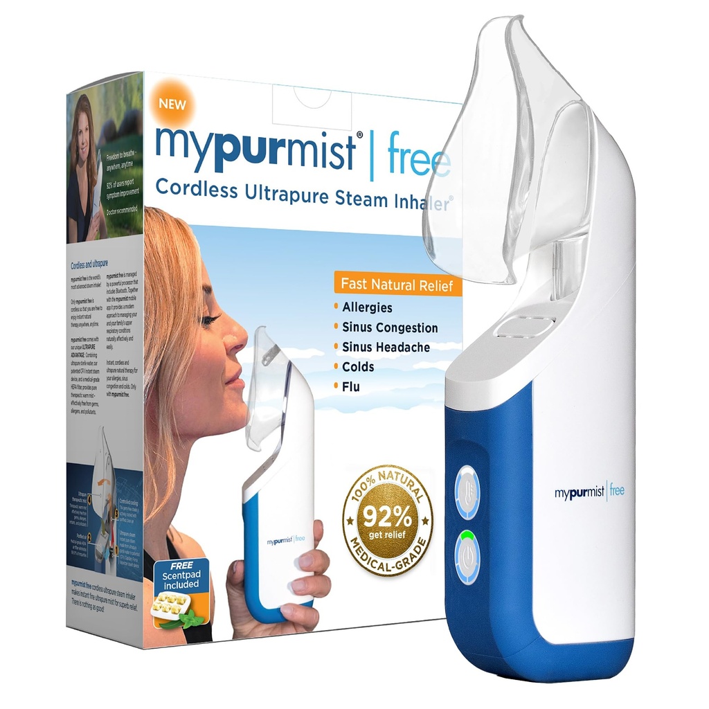 Mypurmist Ilmainen Ultrapuhdas johdoton Steam-inhalaattori - Käsikäyttöinen henkilökohtainen ja akkutehokas höyrystin, höyrystin ja kosteusvoide Sinus Reliefille, nenän ahtauma, kylmä ja yskä, äänihoito