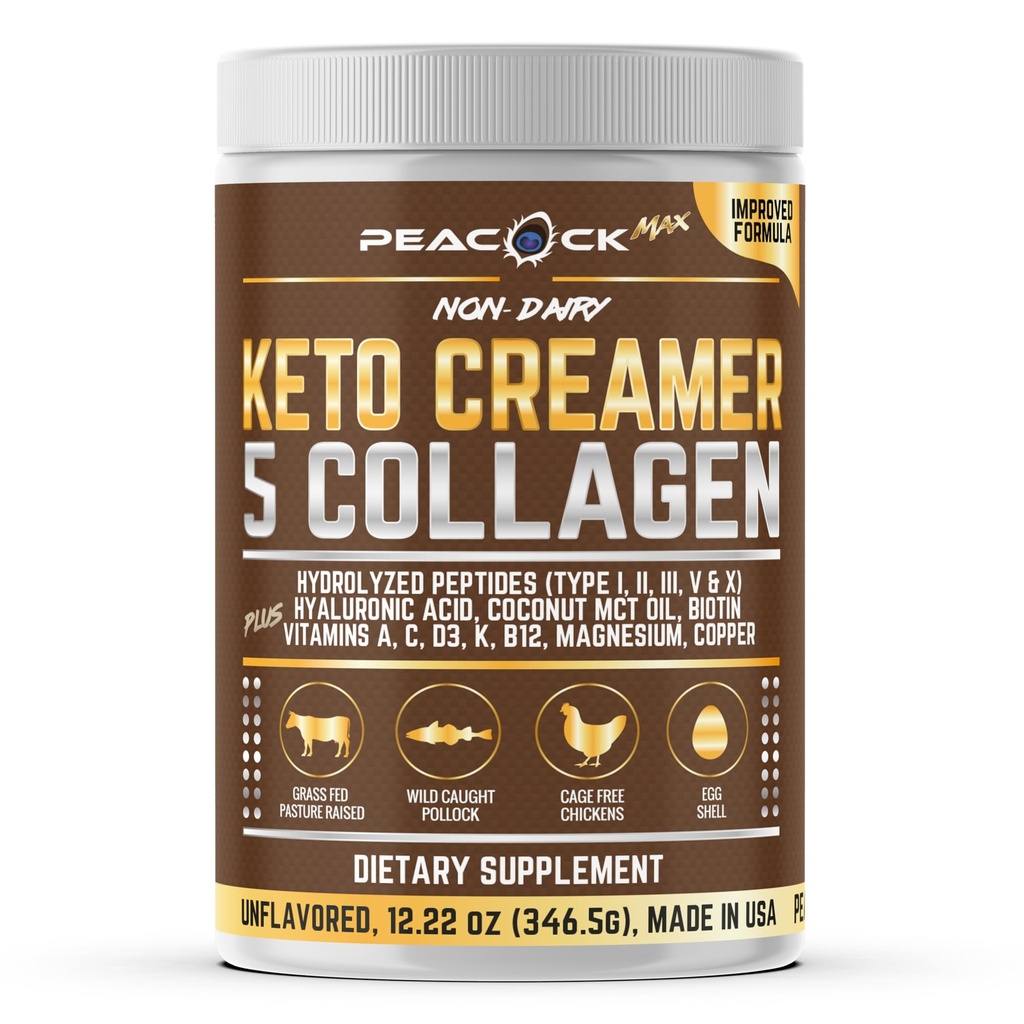 Collagen Keto Coffee Creamer Powder 12,2 oz - Hydrolysed Collagen Peptides Coconut MCT Oil, B12, Magnesium, makuamaton proteiinijauhe, sokeriton kahvi kerma Smoothies & paistaminen