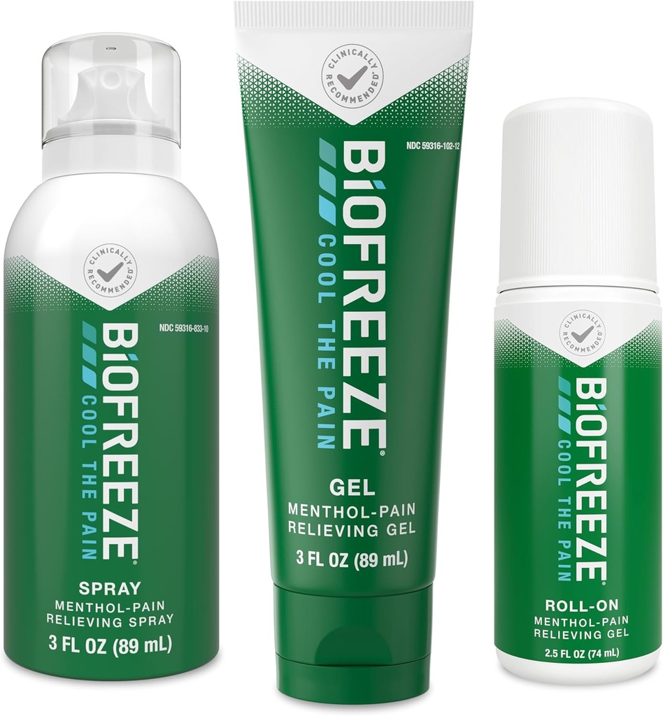 Biofreeze Pain Relief Roll-On 2.5 FL OZ, Gel 3 FL OZ, And Spray 3 FL OZ Variety Pack Topical Pain Reliever Lihakset ja nivelet Niveltulehdus, selkäkipu, kanta, mustelmat, nyrjähdykset (pakkaus May Vary)
