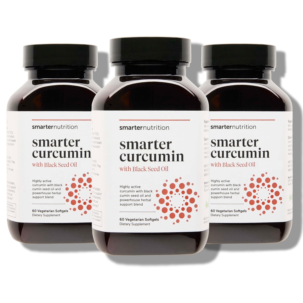 Smartter Nutrition Curcumin Softgels - Vegan High Absorptio 400 mg Curcumin Supplement Standarded to 95% Tetrahydrocurcuminoids + Black Seed Oil & Ginger for Joint & Immuuniterveys - 180 Ct