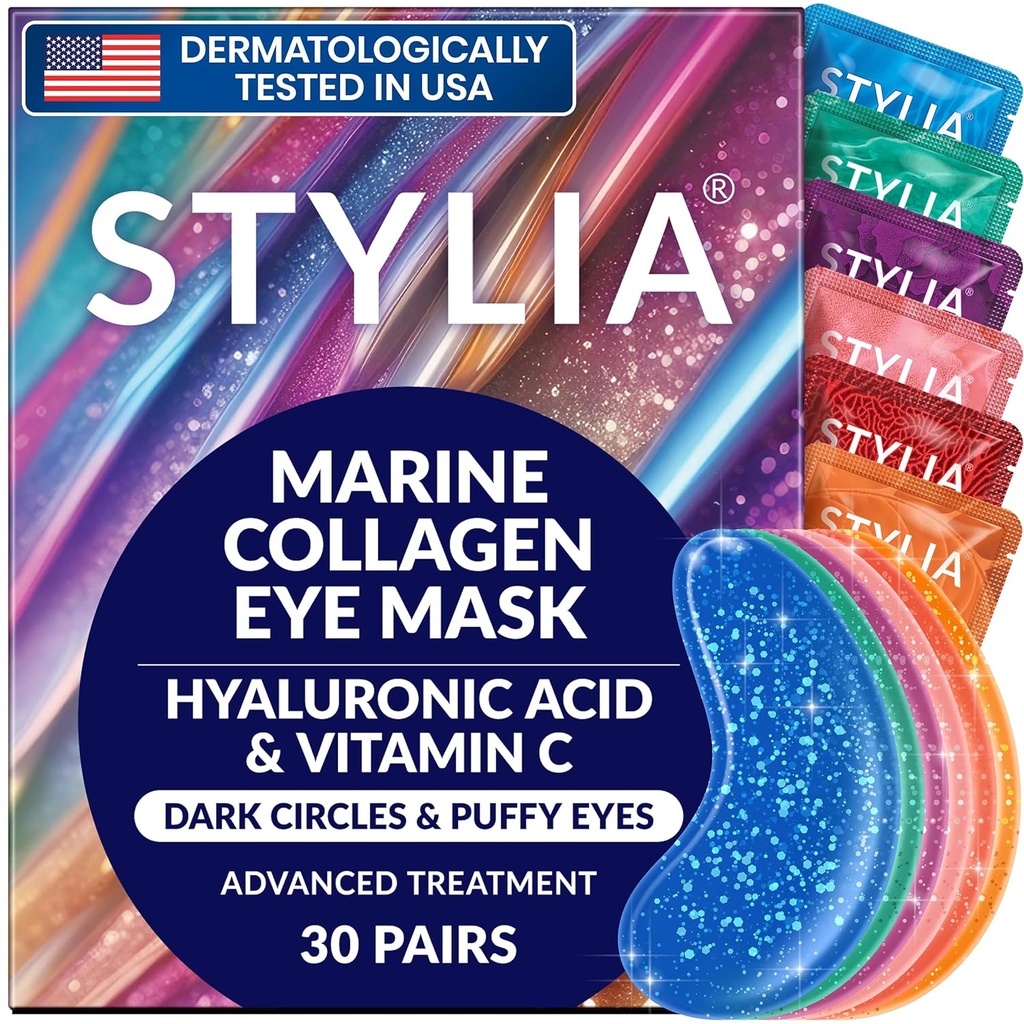 Stylia Collagen & C-vitamiini silmälappujen alla Puffy Eyes & Dark Circles - Depuffing, Hydrating & Firming Under eye Mask with Hyaluronic Acid - Vegaani, Julma-vapaa ihonhoito (30 paria)