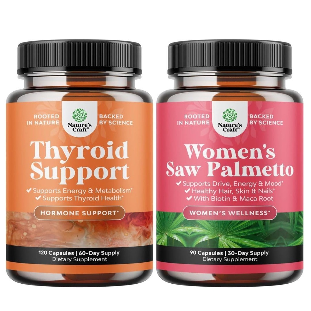 Bundle kasviperäisten lisäravinteet ja Kilpirauhasten tuki Complex - Mood Enhancer Energy Supplement Kilpirauhasen terveys ja Extra Strength Saw Palmetto naisille vahvempi Thicker terveempi näyttää hiukset