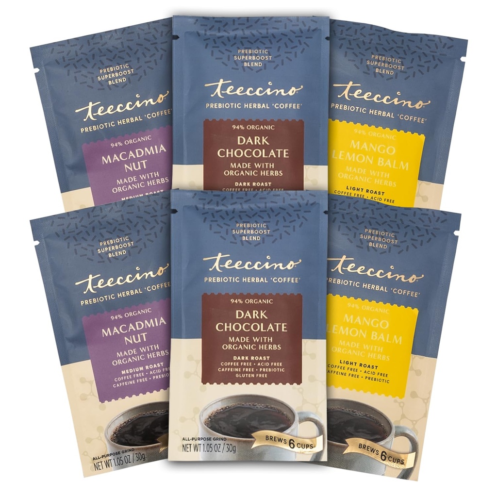 Teeccino Prebiootti SuperBoostTM Yrttikahvi Sampler - 6 Trial-kokoinen pakkaukset - Tumma suklaa, Mango sitruuna balm, Macadamia Nut - Prebiootti, kofeiiniton, maakahvi vaihtoehtoja hyvää Gut Health