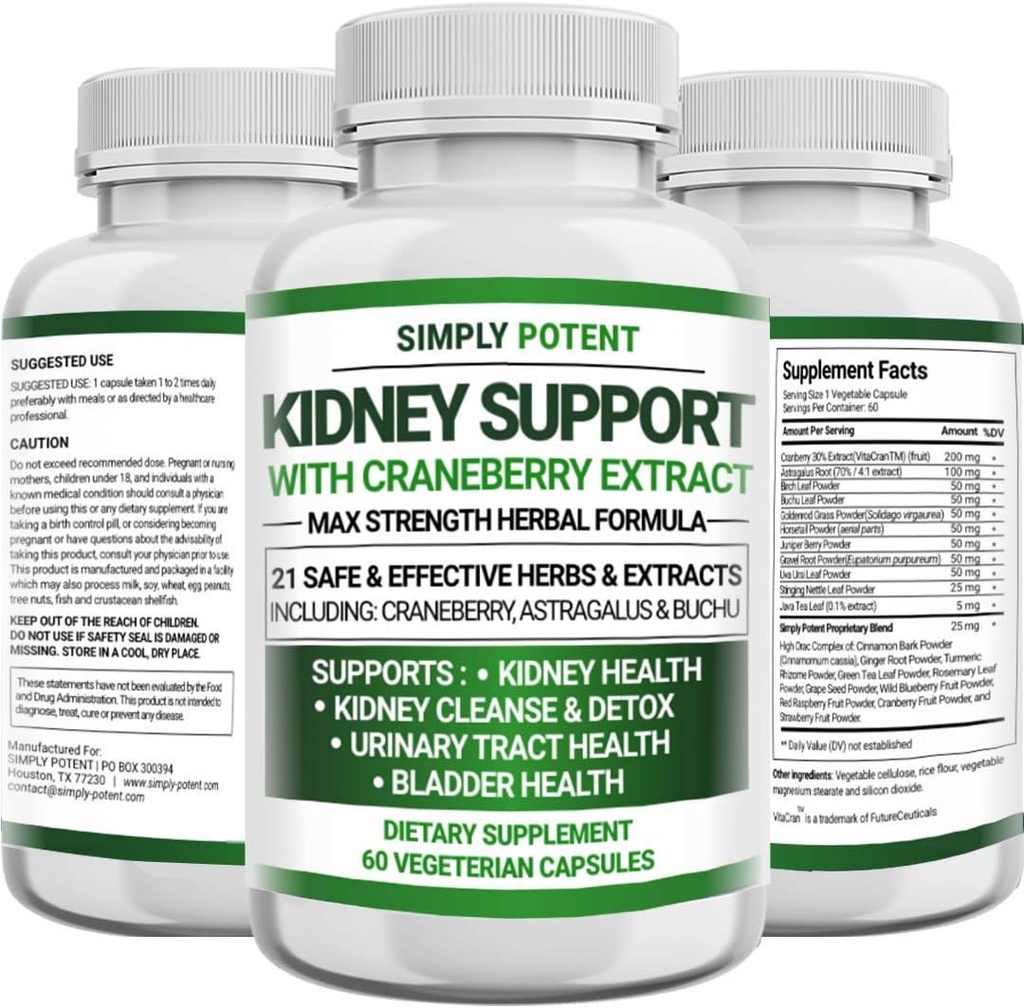 Munuaisten tukilisä, munuaispuhdistus Detox & Repair Formula for Munuaisten terveys & Palauta, 705 mg pillereitä 21 Yrtit - Karpalo Astragalus & Juniper for rakko & virtsatie terveys, 60 kapselia