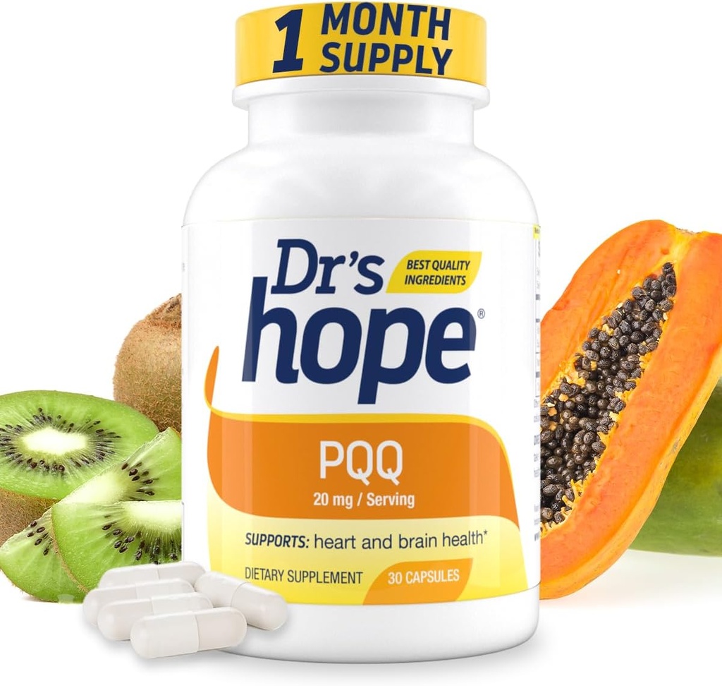 Dr's Hope Pyrrolokinol Kinone Supplement 20 mg - Edistää aivot, sydän ja henkinen suorituskyky - Lihastoiminta, energian tuotanto ja pitkäikäisyys - Gluteeniton - 30 Vegaanikapselit - 1 kuukauden tarjonta