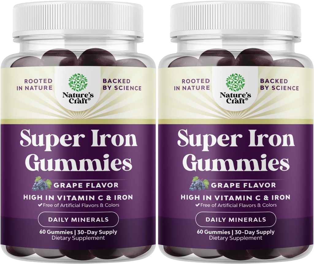 Extra Strength Iron Gummies naisille ja miehille - Potent 45 mg per tarjoilu pureskeltava rauta Supplement naisille ja miehille C-vitamiinia suurempi Imeytyminen - Vegaani päivittäin Gummy Aikuinen (60 tarjoilua)
