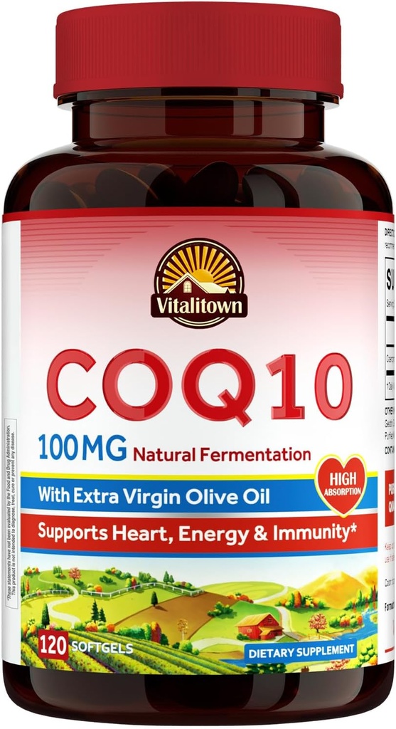 Vitalitown CoQ10 100 mg, jossa ekstra-neitsytoliiviöljyä, maksimaalinen absorptio, Coenzyme Q10 -lisäaine, ei gluteenia, ei gammagluteenia, antioksidanttia ja sydämen terveyttä tukevaa tukea, 120 Softgelia