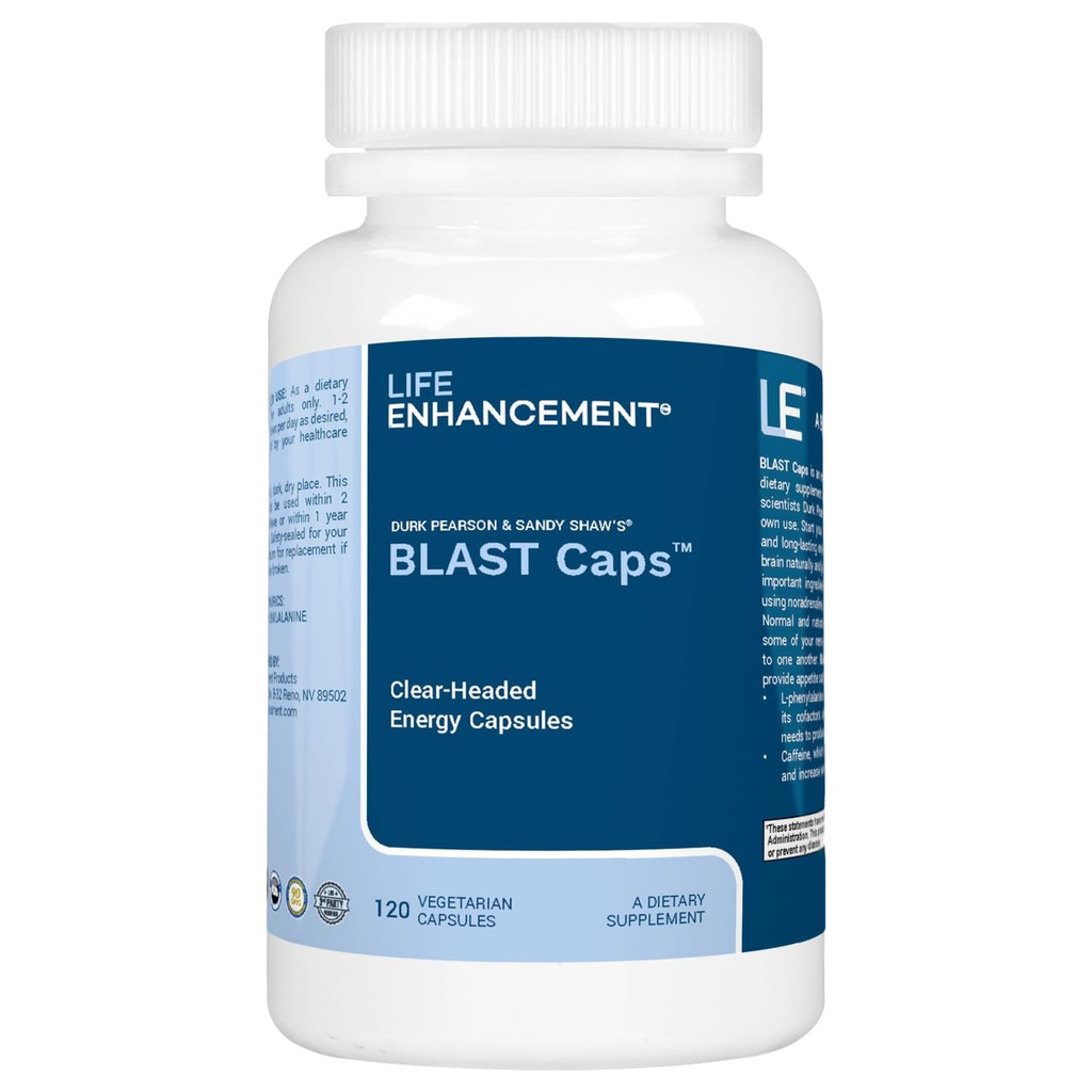 Life Enhancement Blast Caps, 60 kapselia - Energia ja Focus Supplement - Nootropic aivojen tuki täydentää B12, Niacin, kofeiini, tauriini, Fenyylialaniini, C-vitamiini, & enemmän