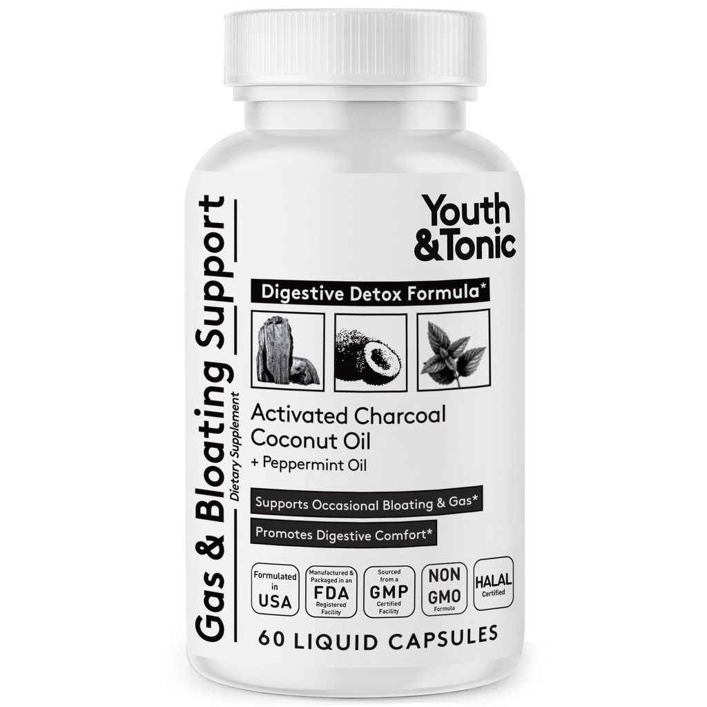 Youth & Tonic Active Charcoal Pills for Bloating and Gas Relief to Soothe The Smaach and digestive System Detox with Peppermint & Organic Coconut Oil, for Men & Women - 60 Liquid Capsules