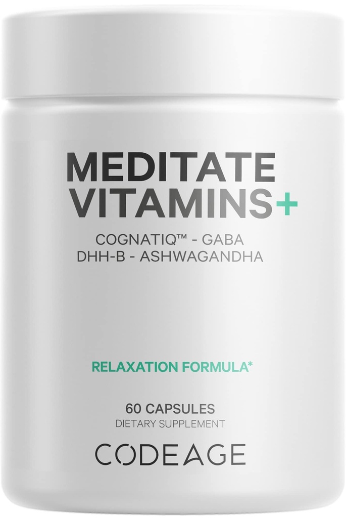 Codeage Meditate Vitamiinit+ Supplement - CognatiQ, DHH-B, GABA, Ashwagandha, Organic Mushrooms, Mustikat - BDNF aivojen pillerit ja neuroproteiini - Vegan, ei-GMO, Gluteeniton - 60 kapselia