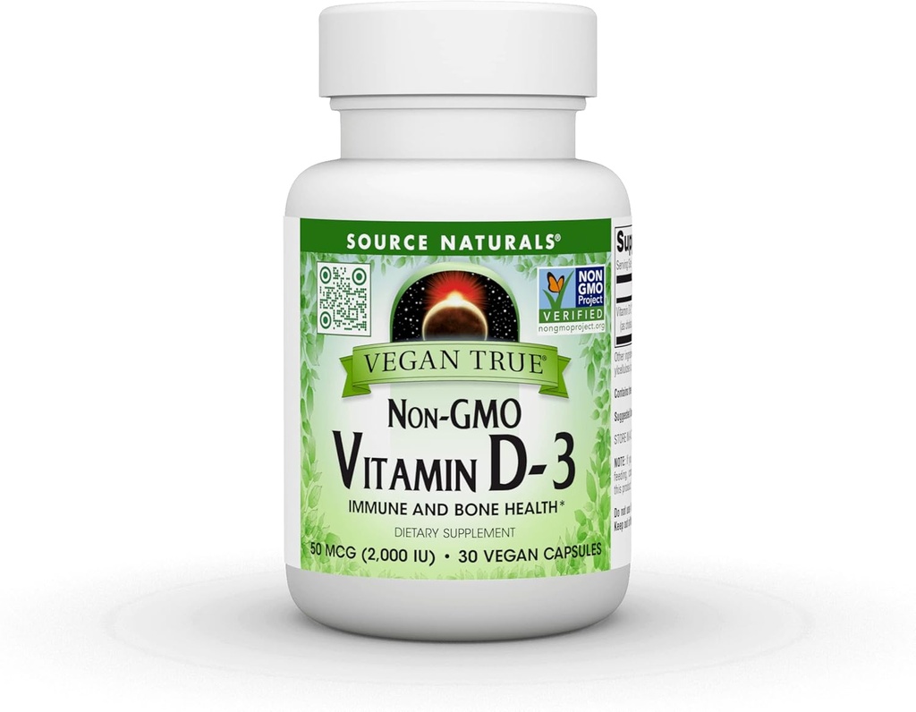 Source Naturals Vegan True, non-GMO-vitamiini D-3, Ravintolisä immuuni- ja luuterveyden *, 2000 IU - 30 kapselia