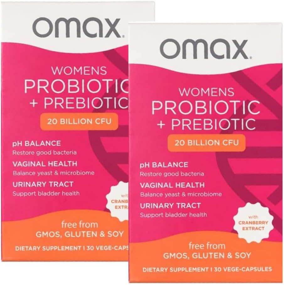 2 Pack Omax Prebiootit & Probiootit Complex for Women, pH Balance, emättimen terveys, virtsateiden Tract, Hiiva, UTI/BV ehkäisy, turvotus pH 20 miljardia PMY Vegaani, Orgaaninen, Gluteeniton, 60 Vege- Capsules